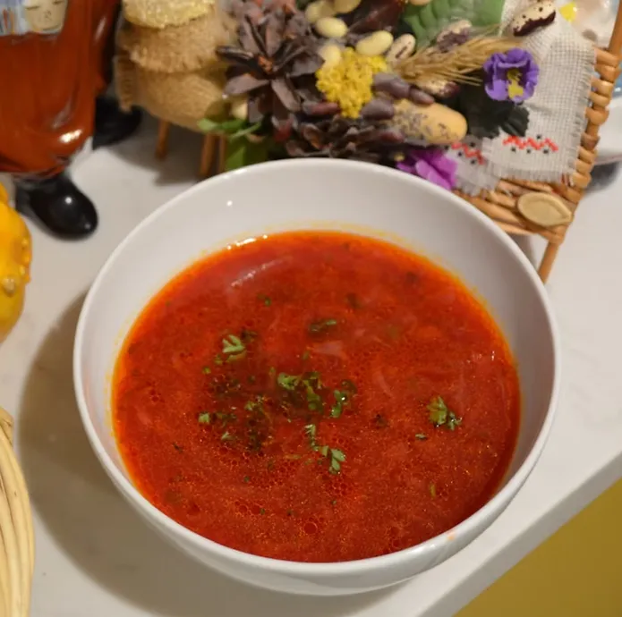 Traditional Ukrainian Borsch soup at MLYN Ukrainian Restaurant in Winnipeg, MB